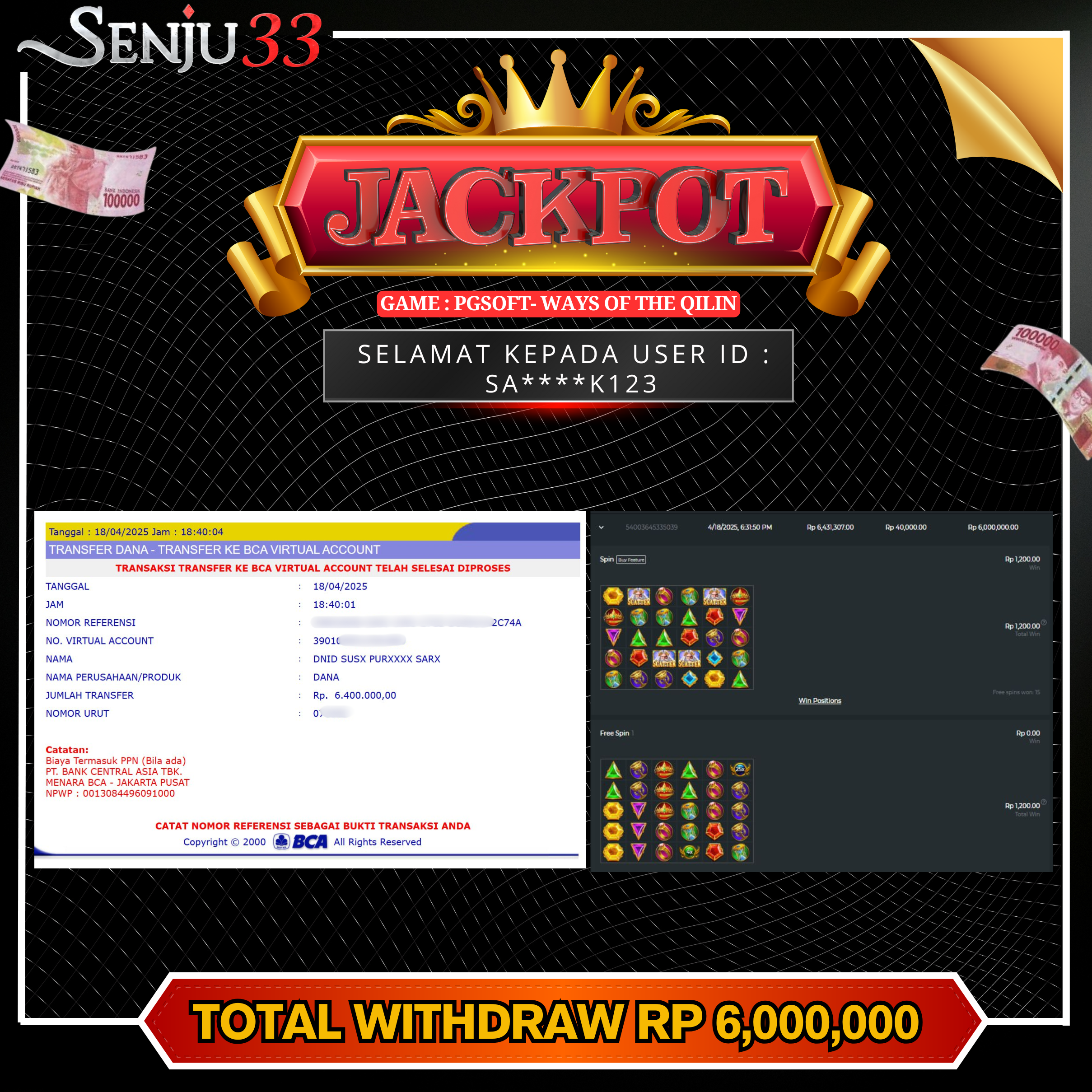 🎰 SENJU33 JACKPOT SLOT Rp. 6.000.000 LUNAS 🎉